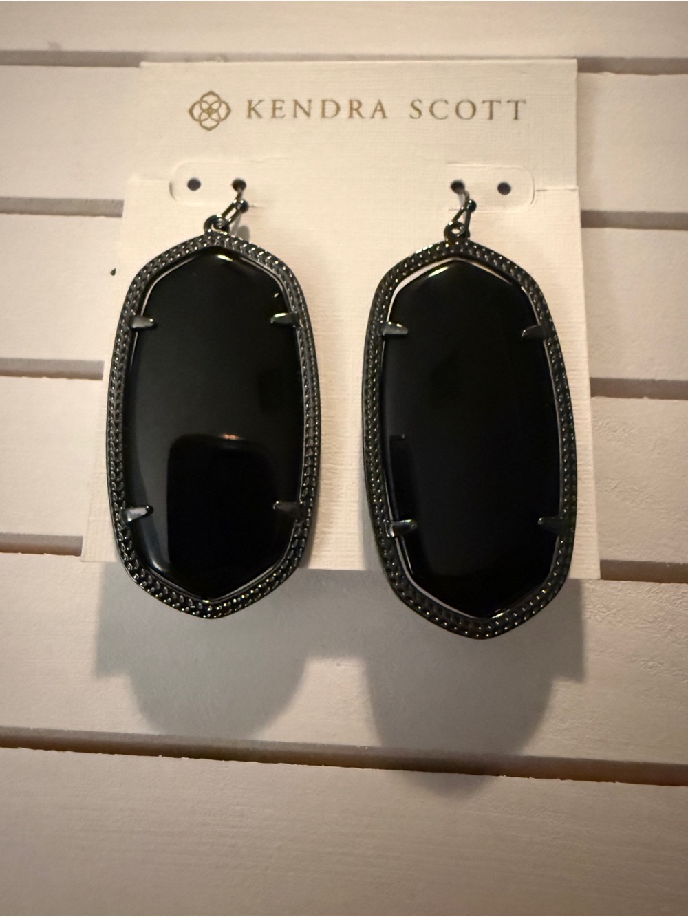 Kendra Scott 2” Black Onyx Like Drop Earrings Gun Metal Silver | NWOT
